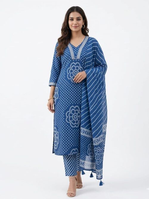 V neck Bandhej Print Kurta Set with Dupatta