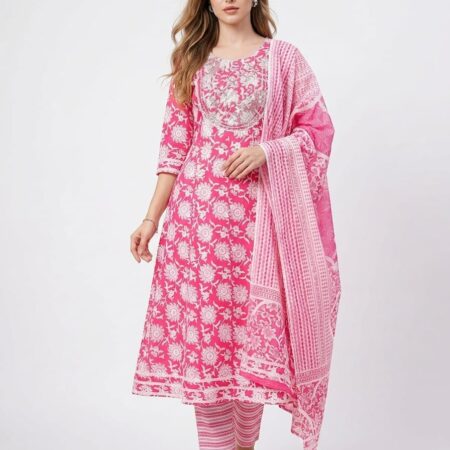 Jaipuri Cotton Anarkali Set with Dupatta – Special Offer - Hot Pink, L-40