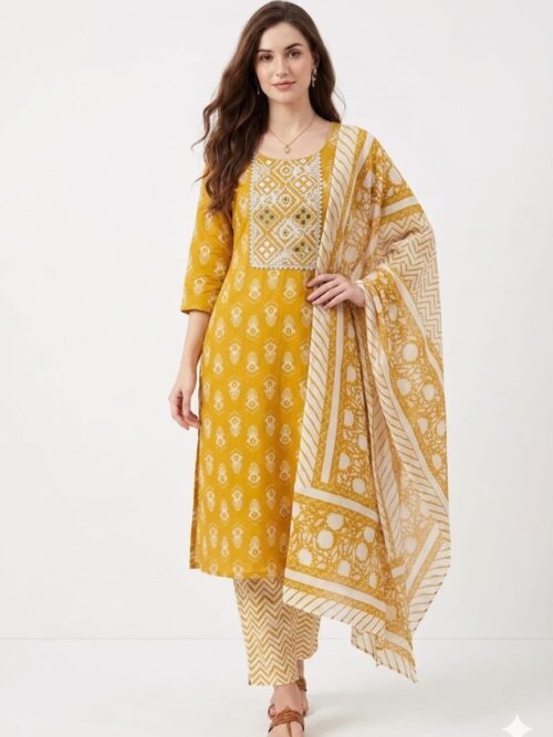 Jaipuri Cotton Dress Set with Dupatta