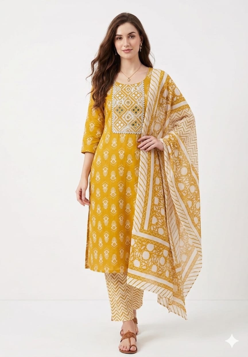 Jaipuri Cotton Dress Set with Dupatta