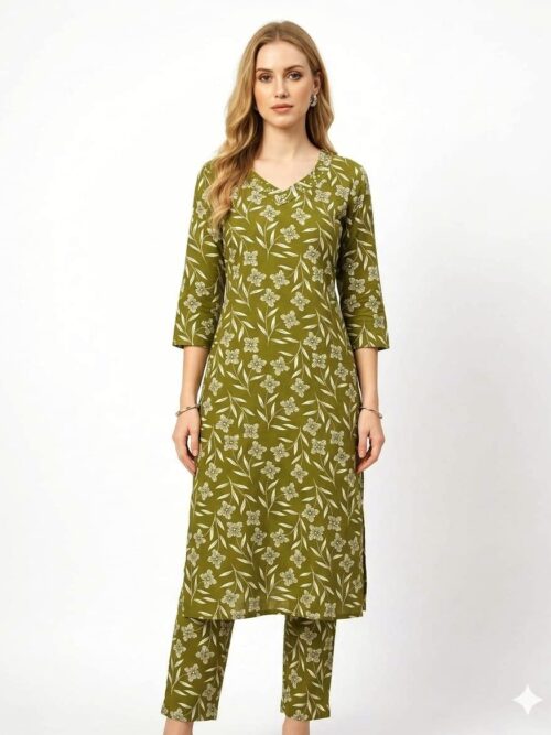 V-Neck Mehndi Green Two-Pocket Co-ord Set