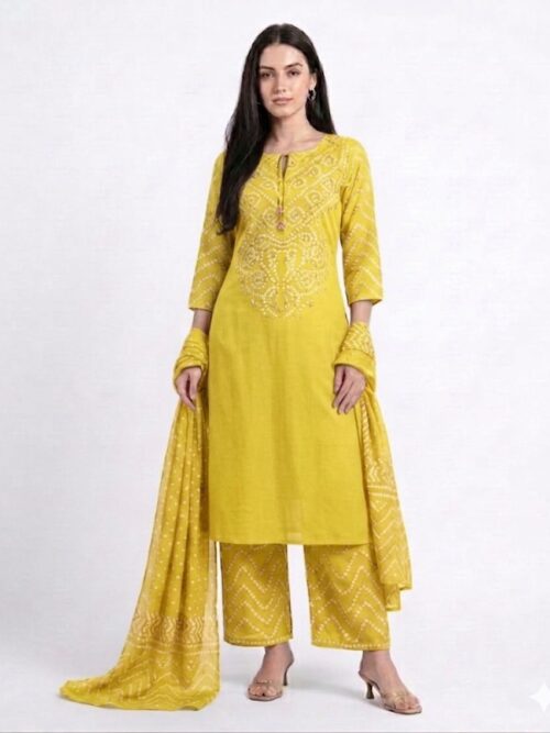 Cotton Bandhej Dress with Dupatta
