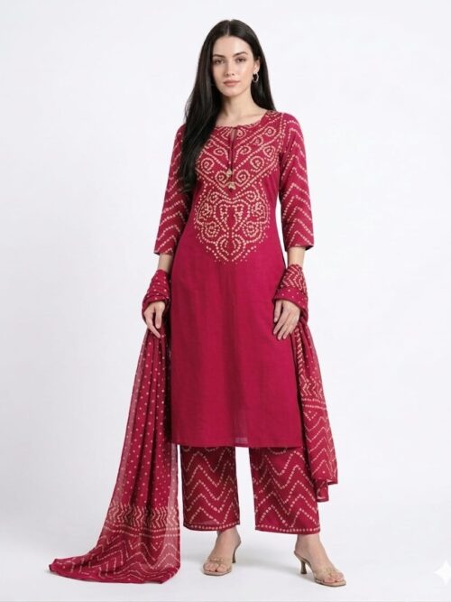 Cotton Bandhej Dress with Dupatta