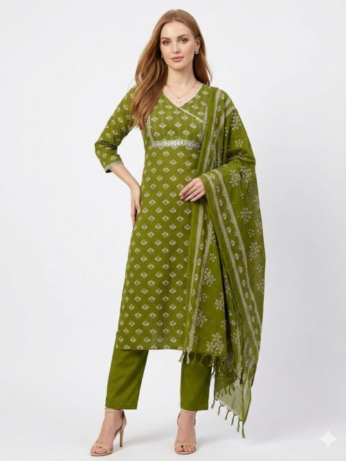 Plus Size Mehendi Green Kurta Set with Dupatta