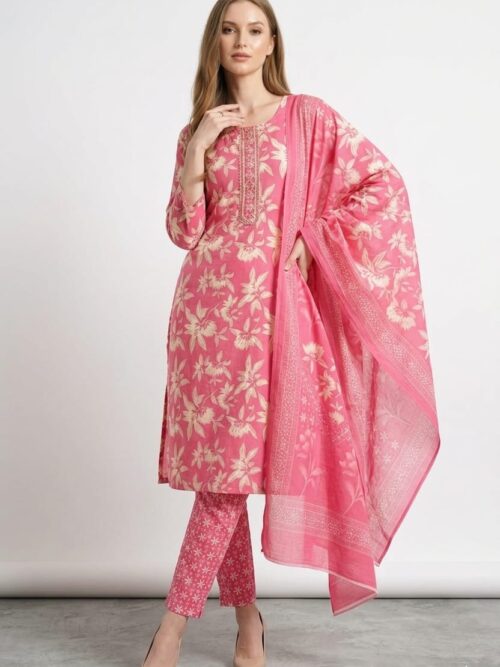 Cotton Straight Cut Dress Set with Dupatta