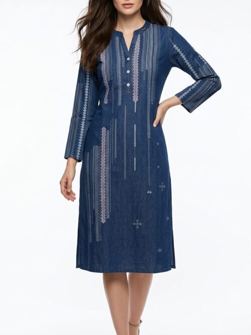 Stand Collar Denim Kurti