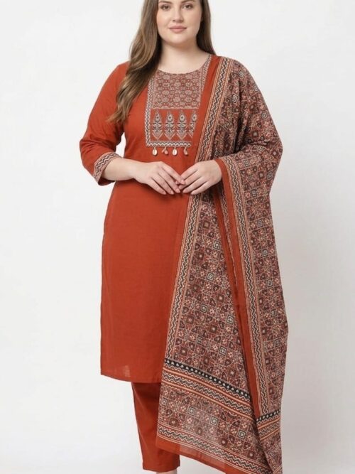 Plus Ajrakh Print Dress Set with Contrast Dupatta