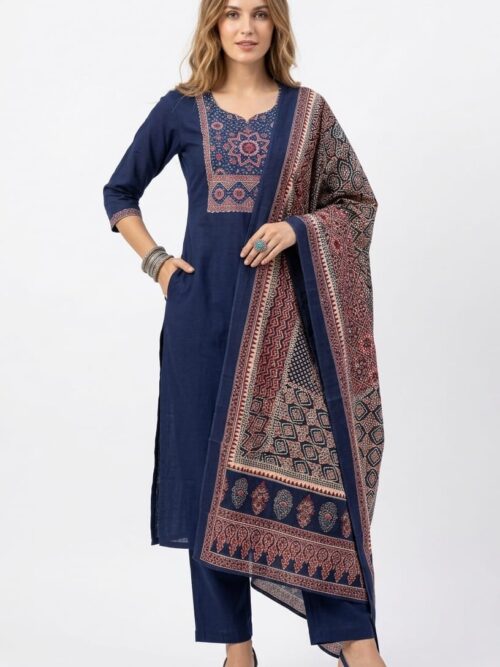 Ajrakh Print Dress Set with Contrast Dupatta