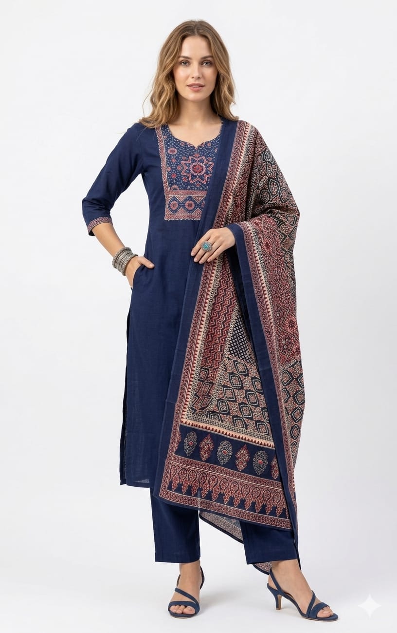 Ajrakh Print Dress Set with Contrast Dupatta