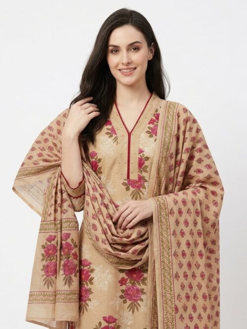 Y-Neck Cotton Dress with Dupatta