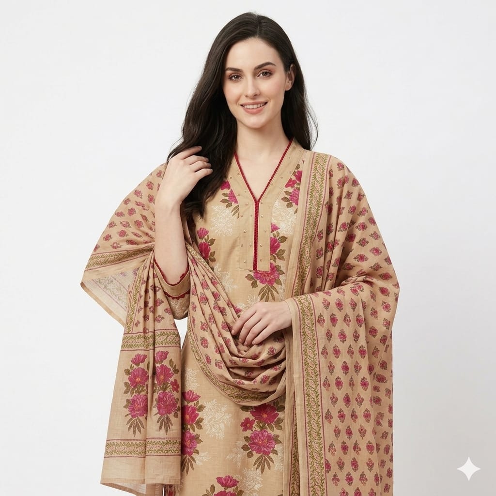 Y-Neck Cotton Dress with Dupatta