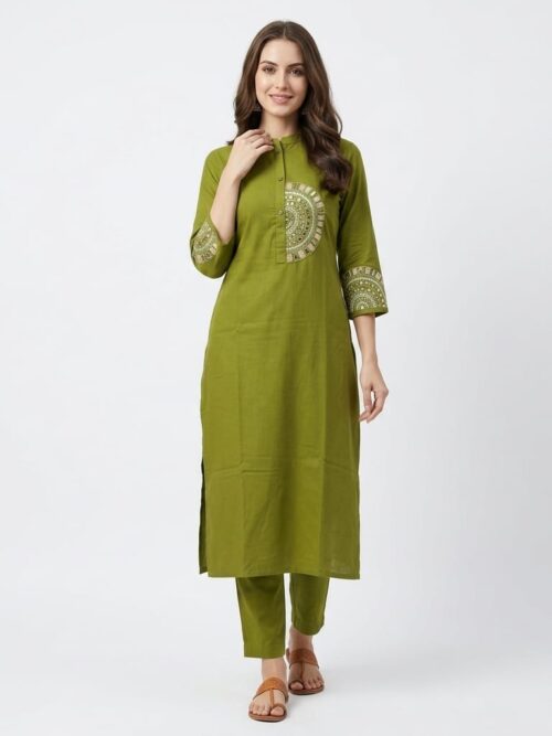 Half Circle Embroidery Co-Ord Set - Mehandi Green, XL