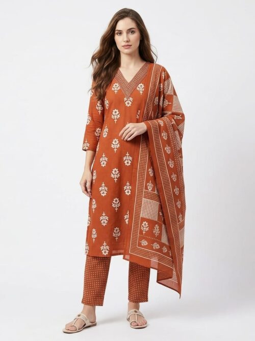 Floral Batik Kurta Set with Dupatta - Rust, M