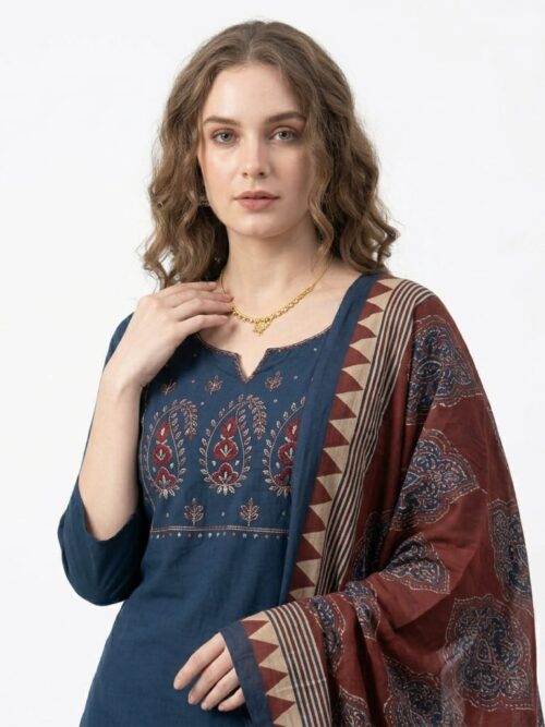 Ajrakh Print Cotton Dress Set with Dupatta