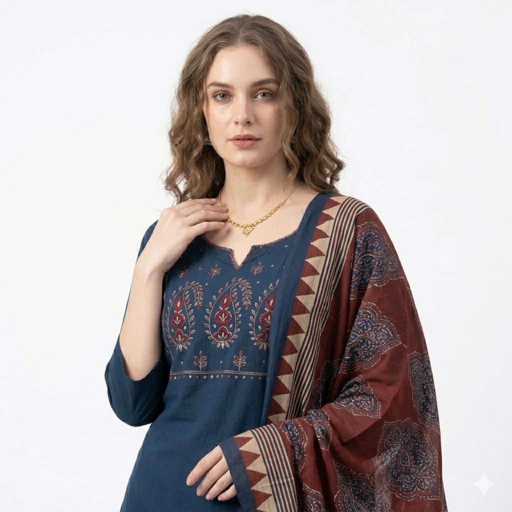 Ajrakh Print Cotton Dress Set with Dupatta