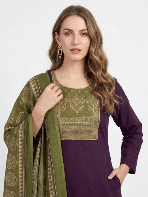 Ajarakh Cotton Dress Set with Contrast Dupatta