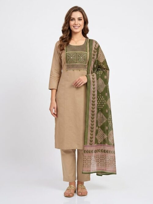 Ajarakh Cotton Dress Set with Contrast Dupatta - Mehandi Green, XXL-44