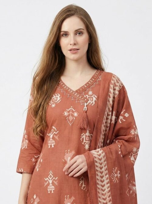 Y-Neck Batik Dress Set with Dupatta