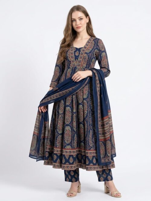 Jaipuri Print Anarkali Suit Set - Navy Blue, L-40