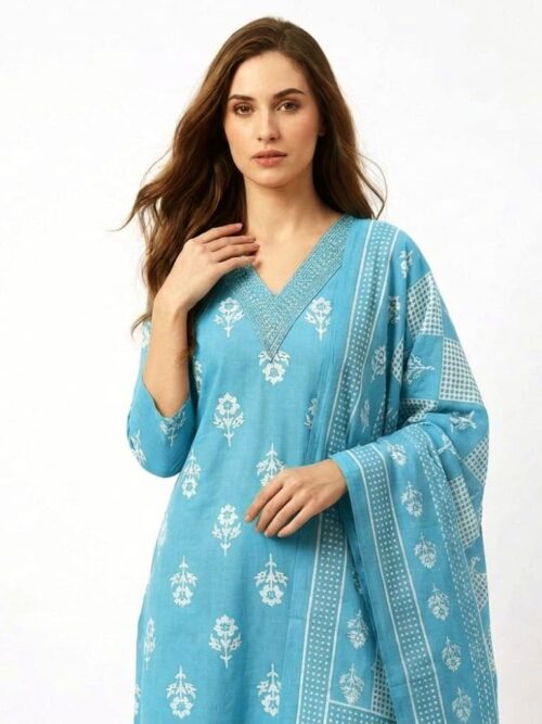 V-Neck Batik Dress Set with Dupatta