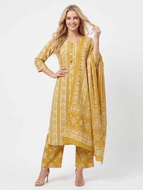 Round Neck Batik Dress Set with Dupatta