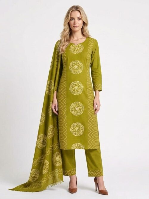 Round Ajrakh Print Dress Set - Lemon Green, XL-42