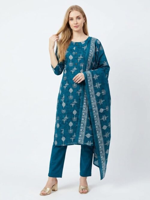 Round Neck Batik Dress Set with Dupatta