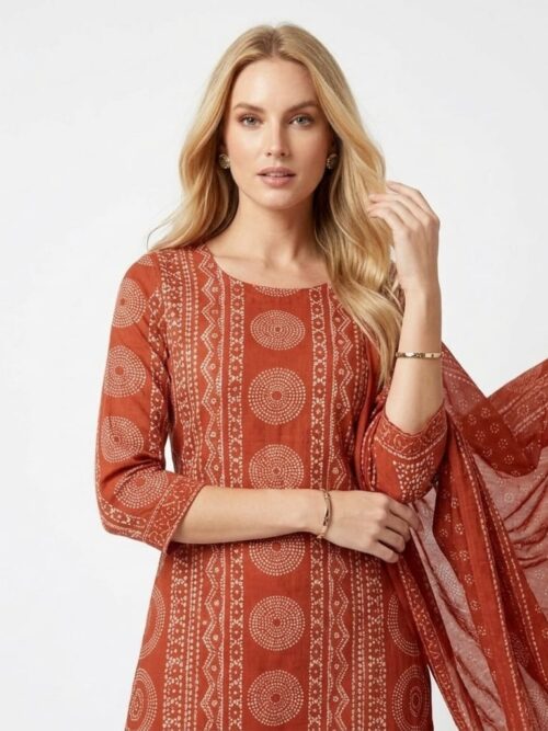 Orange Bandhani Print Dress with Dupatta