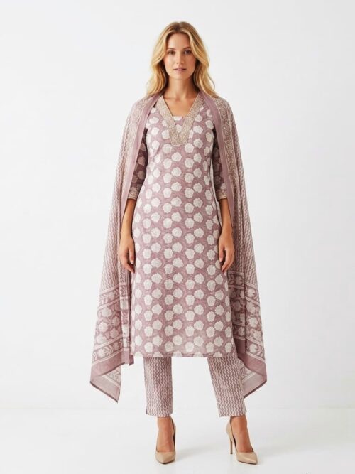 Onion Pink Jaipuri Cotton Floral Design Dress Set