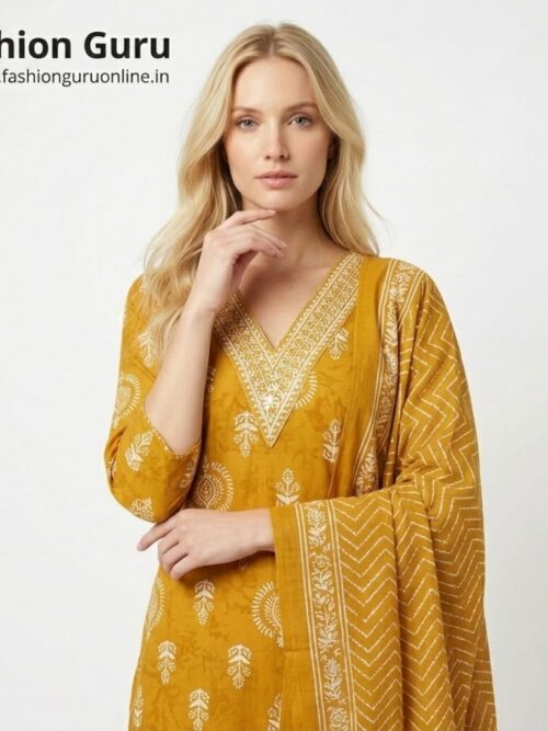 Mustard yellow V Neck Batik Dress Set with Dupatta