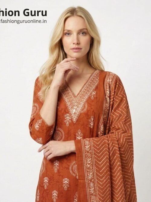 Rust Colour V Neck Batik Dress Set with Dupatta