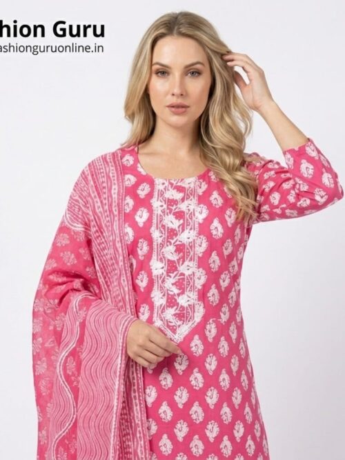 Hot Pink Jaipuri Cotton Office Wear Dress