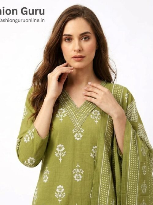 V-Neck Batik Dress Set with Dupatta