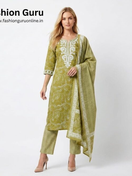 Lakhnawi Cotton Dress  - Mehandi Green, L-40