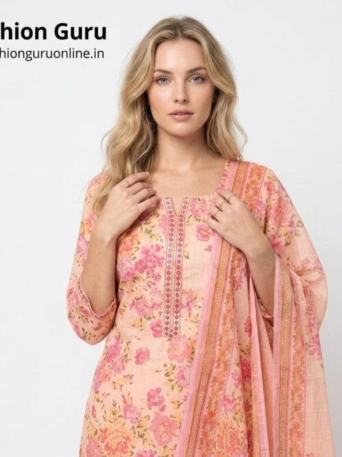 Light Peach Cotton Dress Set with Dupatta 