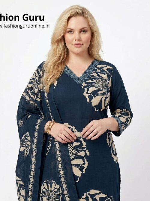 Plus Size Navy Blue Dress Set with Dupatta