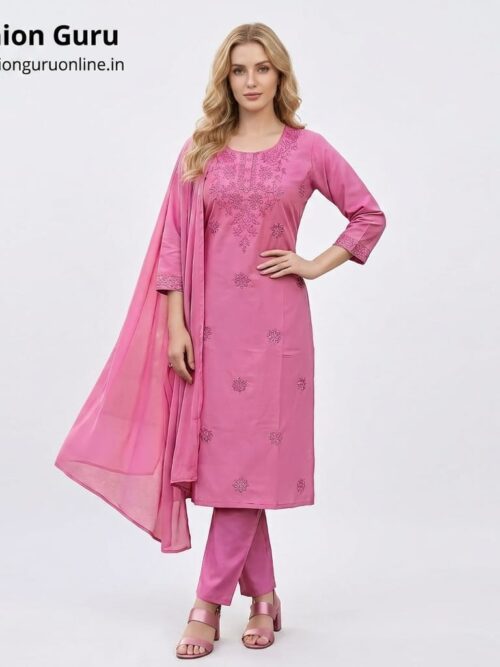 Self Chikankari Dress Set with Dupatta - Pink, M-38
