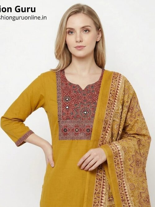 Golden Ajrakh Print Dress with Mirror Work