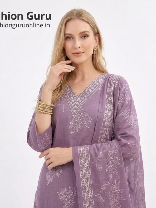 V Neck Batik Dress Set with Dupatta