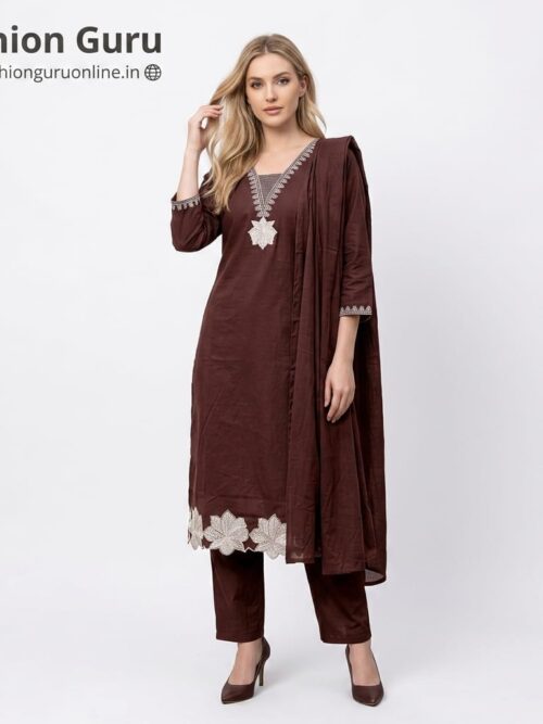 Coffee Colour Royal Look Cutwork Dress Set - Coffee, L-40