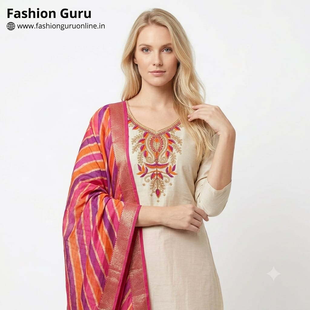 Off-White Party Wear Dress Set with Lahariya Dupatta