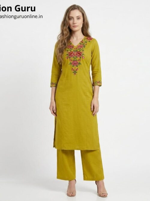 Cross Stitch Work Co-ord Set - Yellow, XXL-44