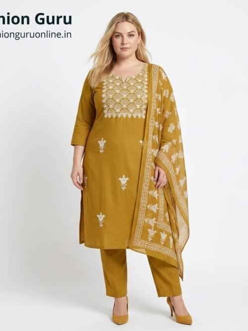 Lakhnavi Cotton Dress Set in Plus size - Yellow, 6XL-52