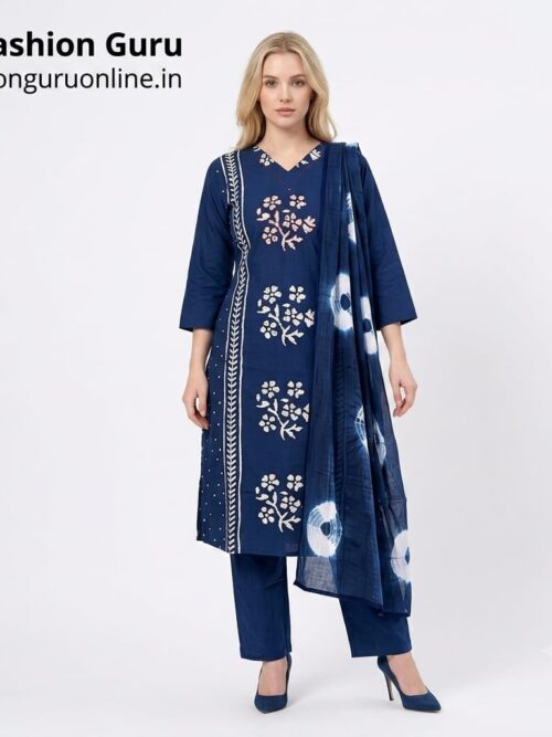 Katha Work Floral Print Dress Suit  - Navy Blue, M-38