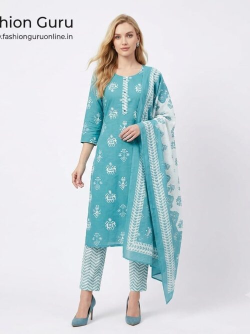 Round Neck Batik Dress Set with Dupatta - Pastel Green, M-38