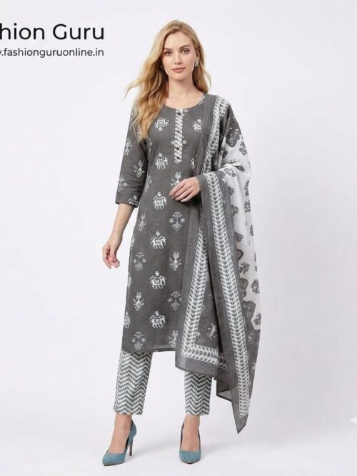 Round Neck Batik Dress Set with Dupatta - Grey, M-38