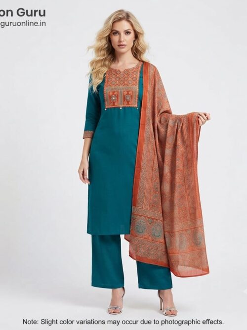 Elegant Cotton Ajrakh Dress Set with Contrast Dupatta - Rama Green, XL-42
