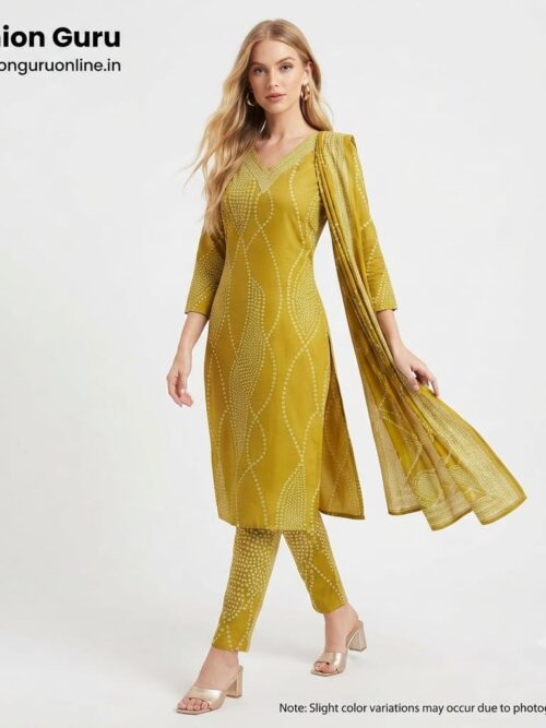 Neckline Embroidery Batik Dress Set with Dupatta - Mustard Yellow, XXL-44