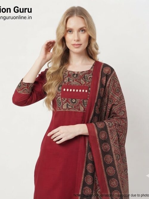 Mirror Work Ajrakh Dress Set with Contrast Dupatta
