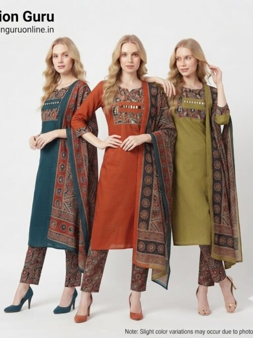 Mirror Work Ajrakh Dress Set with Contrast Dupatta